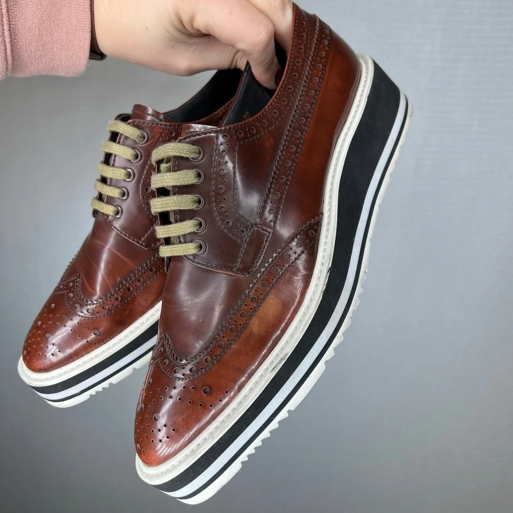 PRADA Designer Men's Brown Leather Wingtip‎ Platform Brogues Dress Shoes Size 39